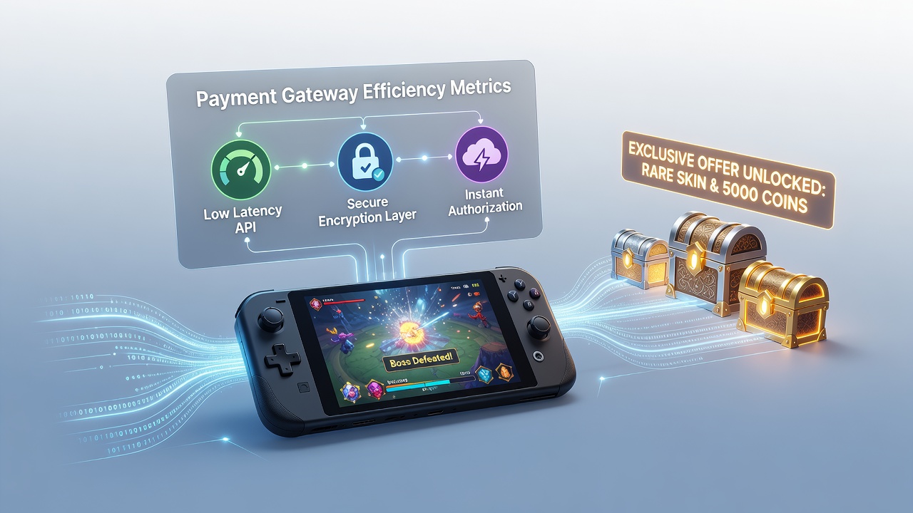 Mobile gaming interface showing seamless payment processing and unlocked rewards on a handheld device