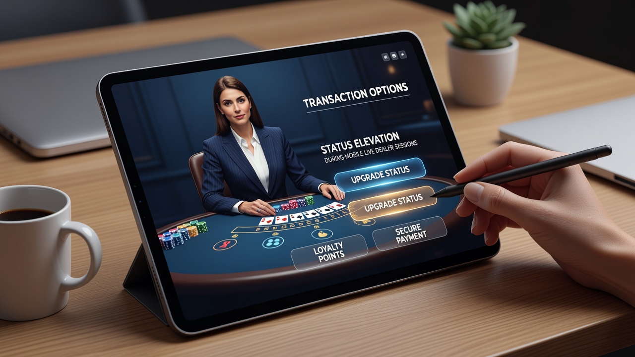 Close-up of smartphone screen showing live dealer poker session alongside deposit confirmation and tier progress bar
