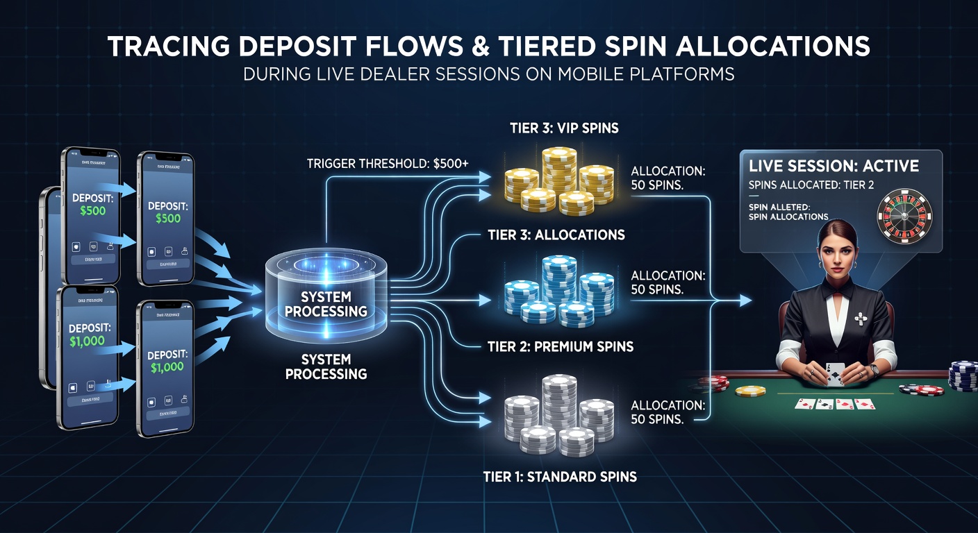 Flow diagram of deposit processing leading to tiered spin rewards in live mobile dealer games